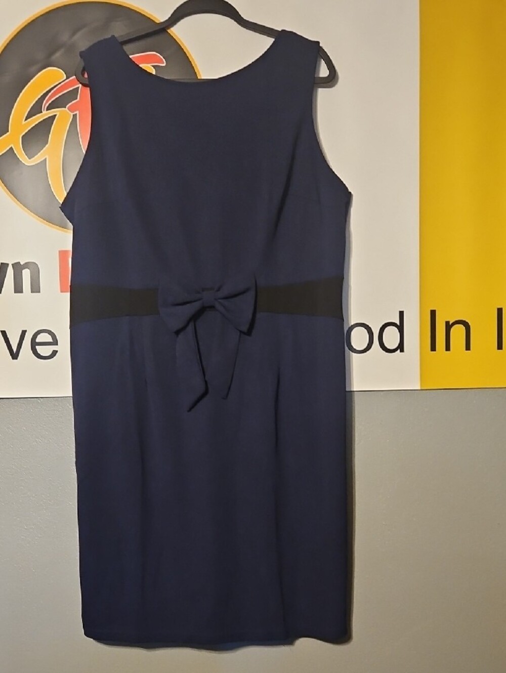 Sleeveless Navy Sheath Dress with Waist Tie